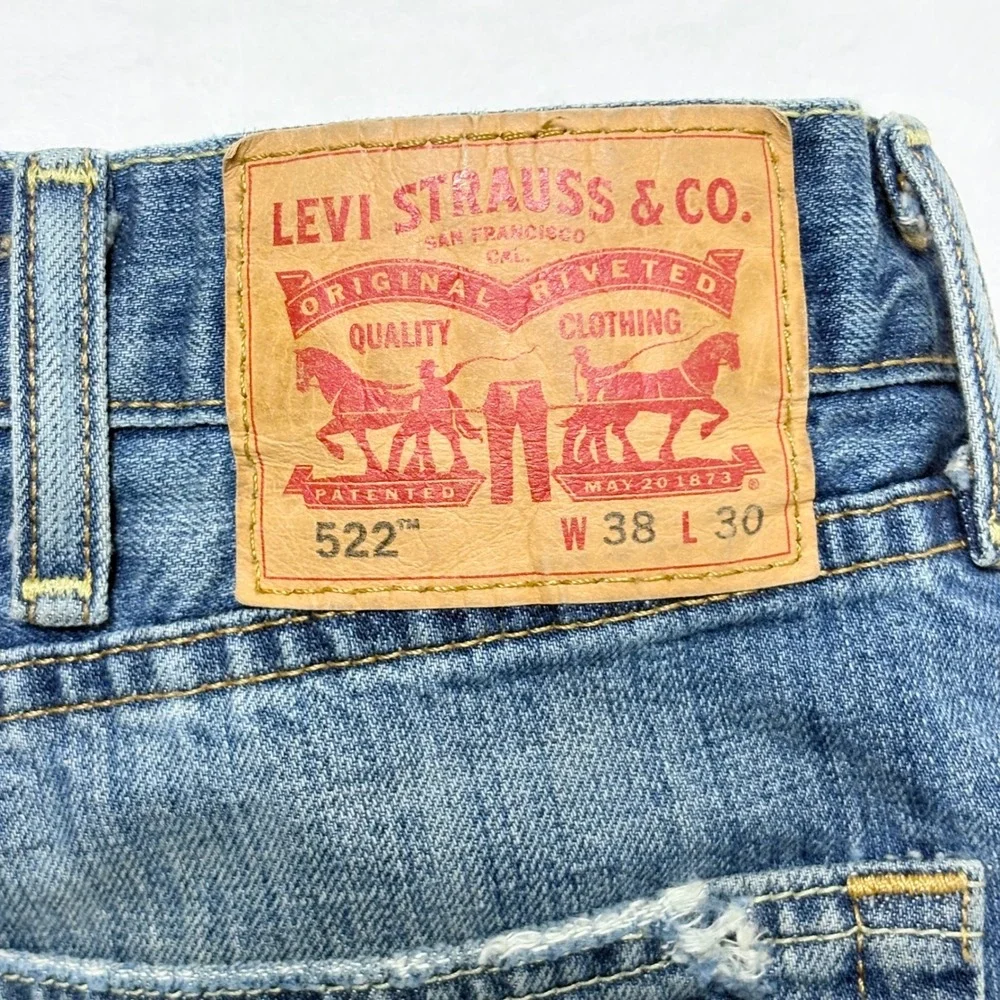 Levi's 522 Slim‎ Taper Distressed Jeans Men's 38x30 Blue Ripped Shredded Cotton